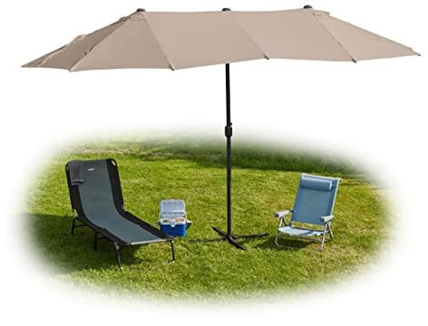 Relaxdays Doppelsonnenschirm, 460 x 270 cm, großer Sonnenschirm mit Kurbel, Garten & Terrasse, UV 30+, Ovalschirm, beige