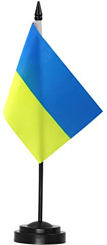 Anley Ukraine Deluxe Tischflaggen-Set – 15,2 x 10,2 cm Miniatur ukrainische UKR UA Desktop-Flagge mit 30,5 cm massiver Stange – lebendige Farbe und lichtbeständig – schwarze Basis und Speerspitze