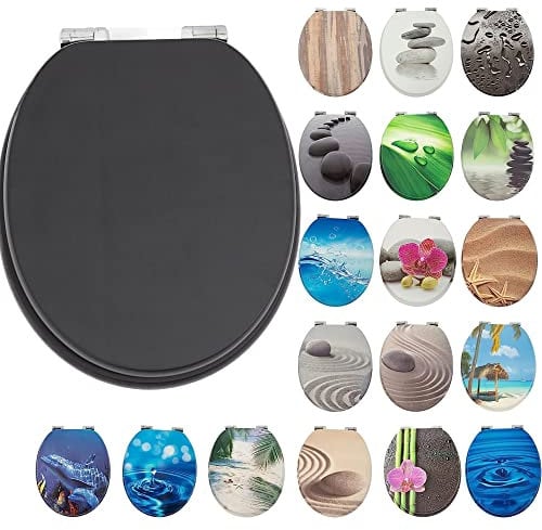 SG Traders® Toilet Seat with Soft Close - Wooden Toilet Seat Cover with Zinc Alloy Hinges, Comfortable Toilet Seat Covers with Colorful Designs Easy to Install, Assembly (Black)