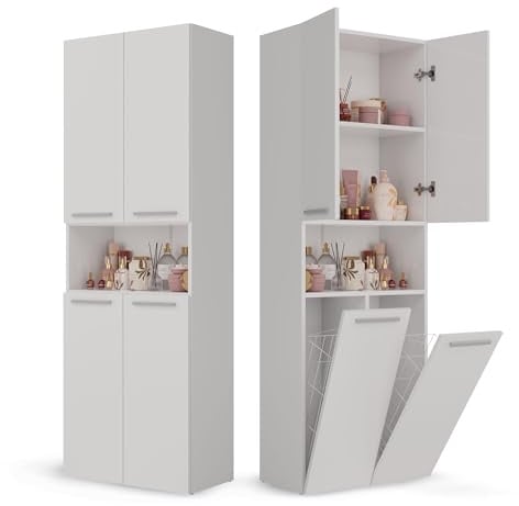 CDF Mobile da Bagno con Armadietti e Ante Bianco Colonna Bagno Salvaspazio 2 Cesti per la Biancheria Mobile Alto a Colonna Cesto Portabiancheria Armadio Bagno 174 x 60 x 30