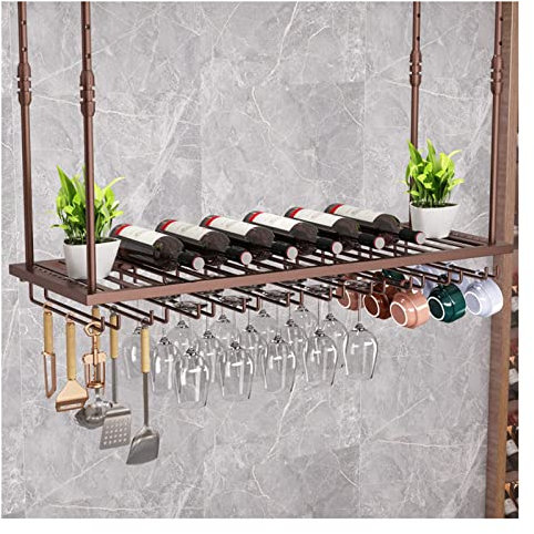 DOZPAL Decken-Weinglasregal, schwebender Flaschenhalter aus Eisen, Weinregal, Vintage, verstellbar, zum Aufhängen, Weinregal, Bar, Café, Küche, dekorativer Weinhalter,Bronze-80×30cm