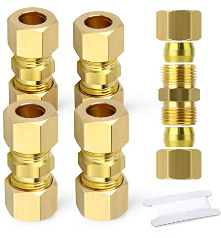 ERGAOBOY 5 Pcs 6MM OD x 6MM OD Brass Compression Tube Union Connector, Heay Duty Brass Compression Fitting
