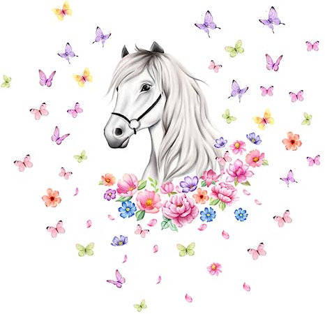 INNAL Wandtattoo Pferdekopf Blumen Wandsticker Schmetterlinge 30X40CM Wandtattoo Kinderzimmer Mädchen Wandtattoo Pferd für Jungen Mädchen Wandaufkleber Kunst Dekoration,Baby Wandaufkleber Dekoration
