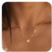 Halskette mit Initiale M, gestapelte Halsketten für Damen, 14 Karat Echtgold, Schmuck-Set, mehrlagige Buchstaben-Halskette, Goldschmuck, Geschenk