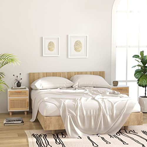 puraday Nachttische 2 STK. Weiß Massivholz Kiefer und Natur-Rattan Nachttisch Holz Nachttisch
