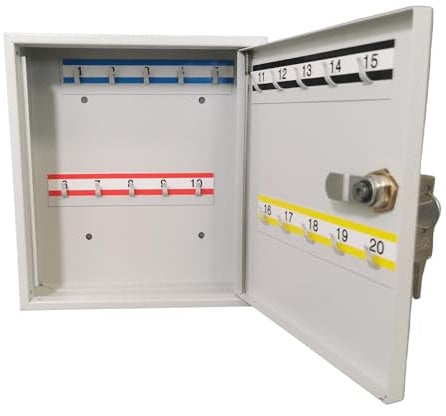 LEOMAR Schlüsselschrank, Schlüsselkasten mit 20 Haken, Schlüsselbox aus Stahlblech, mit Festen Hakenleisten, Organizer zur Wandbefestigung, Abschließbar, mit Montagematerial, 6 x 20 x 22 cm