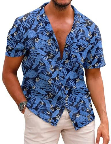 COOFANDY Hawaiian Shirts for Men Funky Shirts Beach Shirt Tropical Shirts for Men Short Sleeve Summer Shirts Aloha Shirt Cotton Holiday Shirts A-Royal Blue XL