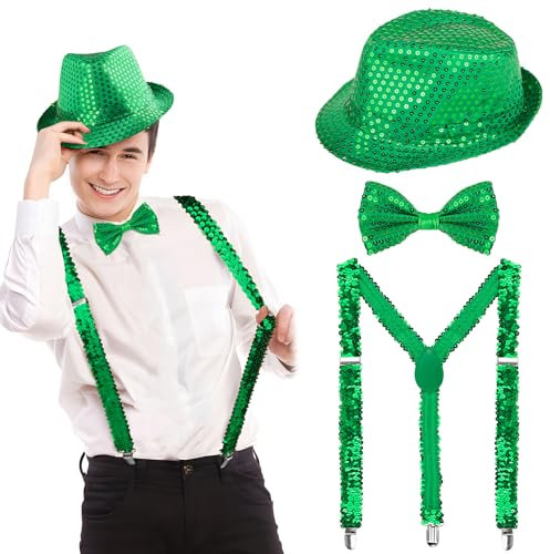 BOFUNX Silvester Kostüm Accessories, Pailletten Zylinder Hut Hosenträger und Fliege glitzer Silvester Outfit für Karneval Mottoparty JGA Herren Damen Kostüm Zubehör