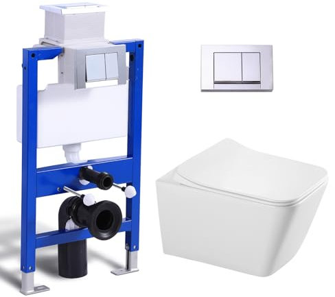 Hänge WC Spülrandlos mit Unterputz Spülkasten, Toilette und Vorwandelement WC Set Komplett, cBetätigungsplatte, Wand WC mit Soft-Close Absenkautomatik Deckel