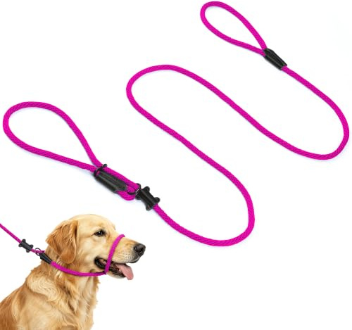 Multifunctional Figure 8 Padded Head Halter Walking Training Leather Stopper Slip Lead Dog Rope Leash (Hot Pink)