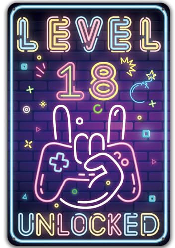 Blechschild 18.Geburtstag Junge, Level 18 UNLOCKED, 18 Jahre Geburtstag Deko, lustiges Geburtstagsschild 18, Gamer Geburtstagskarte 18, Metallschild Geschenk Gamer Geburtstagsgeschenk Zocker Zubehör