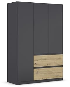 Rauch Möbel Costa, Drehtürenschrank, Kleiderschrank, 3-türig, 2 Schubkästen, Grau-metallic/Eiche Artisan, Holz, Schwarz, Push-to-open, Griffprofil grau-metallic, 136x197x54 cm