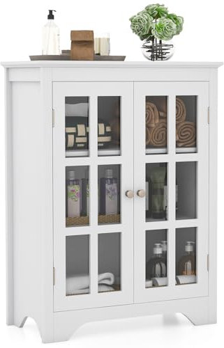 COSTWAY Bathroom Floor Cabinet, Freestanding Storage Cupboard with Double Glass Doors and Adjustable Shelves, Wooden Side Cabinet Bathroom Unit Organizer for Living Room Entryway, 60x30x80cm (White)