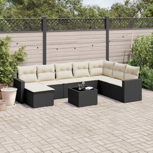 ULUYYUC 9-TLG. Garten-Sofagarnitur, Polsterbank Balkonmöbel Hocker Gartenmöbel Set Geeignet für Garten Hinterhof Balkon Außenbereich mit Kissen Schwarz Poly Rattan