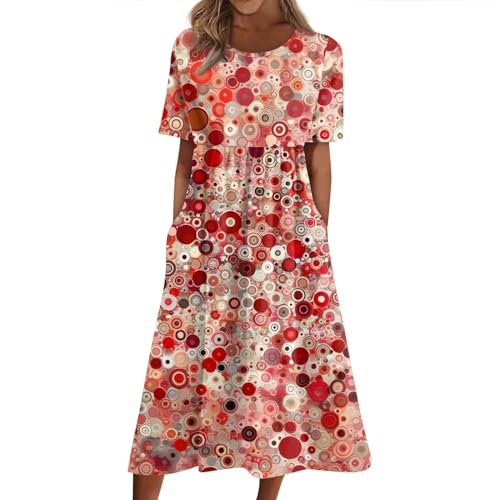 RMBLYfeiye Temu Shop Kleidung Damen Abendkleider Lang Hochzeitskleider Für Gäste Wickelkleid Damen Elegant Rundhalsausschnitt Blumenmuster Kurzarm Ballkleider Mit Taschen Glitzer Kleid (Rot, XL)