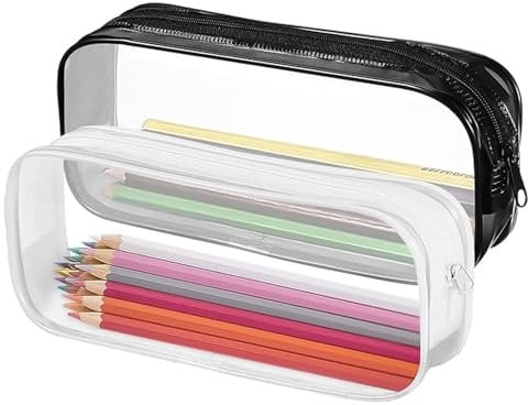 SHENGRUI 2 PCS Clear Pencil Bag, Clear Exam Pencil Case, Waterproof PVC Zippered Comestic Storage Pouch Travel Luggage Pouch Make up Cosmetic Bag (Black+White)