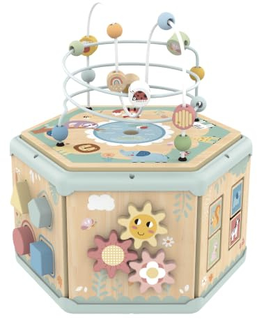 Tooky Toy Aktivitätswürfel 7-in-1 FSC Holz: Motorikwürfel mit Perlenlabyrinth & Rechenrahmen, Montessori Lernspielzeug, Fördert Motorische, Kognitive & Sensorische Entwicklung, Geschenk ab 2 Jahren