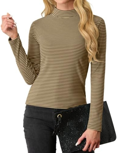 PrinStory Damsweatshirts långa ärmar tröjor dam stretch polotröja t-shirt smal passform toppar höst vinter ledig tunika toppar, kaffe ränder, XL