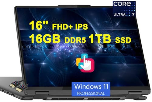Lenovo Yoga 7 16 2-in-1 AI PC Laptop | 16 FHD+ IPS Touch (lucido) | Intel 12-core Ultra 7 155U | 16GB DDR5 1TB SSD | Impronte digitali retroilluminato Thunderbolt4 Win11Pro grigio + cavo HDMI