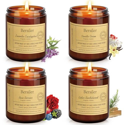 Bersiler Scented Candle Set, 4 Pack Aromatherapy Candles - Lavender/Vanilla/Cedar/Rose