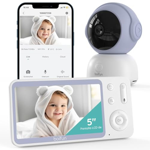 BOIFUN 2K 5 Camara Vigilancia Bebe, Funciona con o sin WiFi, Visión Nocturna Infrarroja, Detección de Llanto y Movimiento, Seguimiento 360°, Zoom 4X, App iOS y Android, Radiación Casi Nula