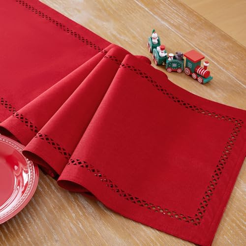 Aoztio Tischläufer Weihnachten, Weihnachts Tischläufer Rot 275 x 33 cm | Tischläufer Dunkelgrün, Abwaschbar, Leinen Stil, Modern Geometrisches Lochmuster, Festessen Urlaub Parteien, Weihnachten