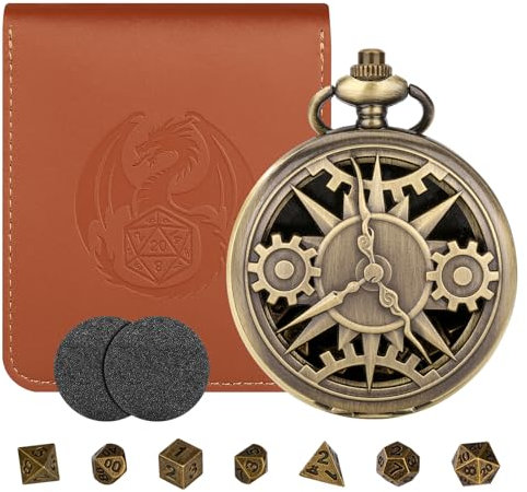 Mini DND Würfel Set mit Bronzefarbenen Steampunk Hohl Zahnrad Taschenuhrgehäuse, DND Geschenke mit Würfelbeutel, 7-teiliges Polyedrisches Metall D&D Würfel Set, Rollenspiel-Brettspiel Zubehör Würfel