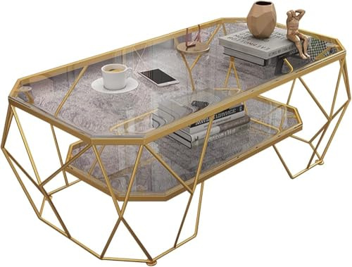 Table Basse Nordique à 2 Niveaux Avec étagère de Rangement,Table à Thé Rectangulaire avec Plateau En Verre Trempé,Étagère de Rangement et Cadre En Métal,Table Centrale pour Salon, Or(Size:120x60x45cm)
