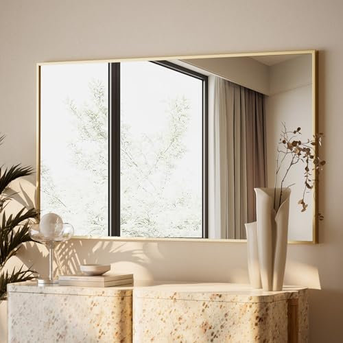 BEAUTYPEAK Rechteckiger Wandspiegel mit Metallrahmen, Gold 96x66cm Bruchsicherer Badspiegel, Wandspiegel für Bad, Schlafzimmer, Wohnzimmer, Rectangular Bathroom Mirror