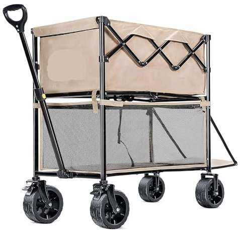Wagon Cart 400L Faltbarer Doppeldeckerwagen, 204 kg, robuster Gartenwagen, extra lange Verlängerung, großes Fassungsvermögen, Khaki