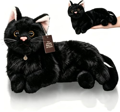 ibasenice Peluche Chat Noir Réaliste 29cm，Doudou Chat Doux et Confortable