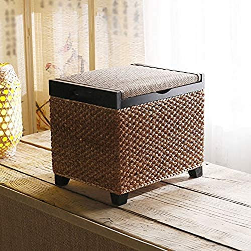CVNIMV Rattan-Fußhocker, Aufbewahrungshocker aus Holz, Rattan-Wechselschuhe, multifunktionaler Weidenkorb für die Familie mit Deckel, Spielzeugkiste für Erwachsenenkleidung, ANK