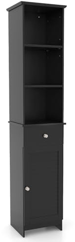 COSTWAY Bathroom Tall Cabinet, Freestanding Slim Storage Cupboard with Adjustable Shelves, Drawer and Door, Wooden High Narrow Bathroom Floor Cabinet Unit for Living Room Kitchen Hallway (Black)