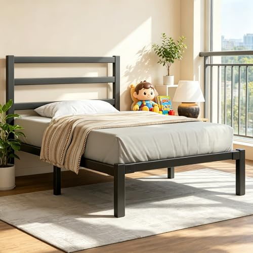 E-Motie Metallbett 90x200 mit Kopfteil & Stauraum unter dem Bett, Schwarz | Einzelbett aus Metall für Jugendliche mit Lattenrost, geräuscharme, stabile Konstruktion und einfache Montage