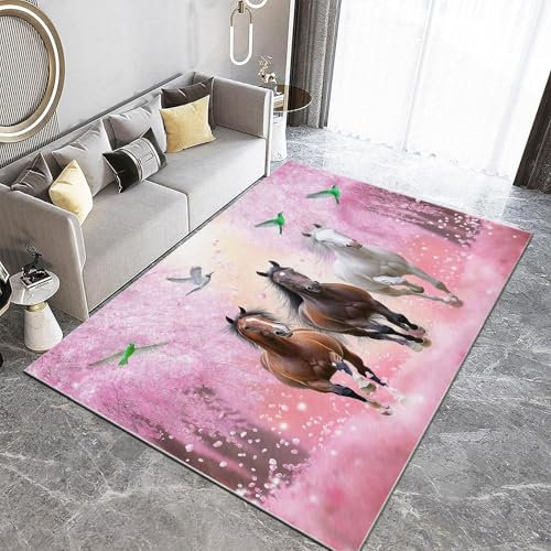 Animal Photography Cherry Blossoms White Horse Rugs for Living Room Pink Bedroom Rug 140 x 200 cm Area Rugs for Living Room Anti-Slip Carpet 3D Printed Pile Rug Non Shedding, Easy to Clean