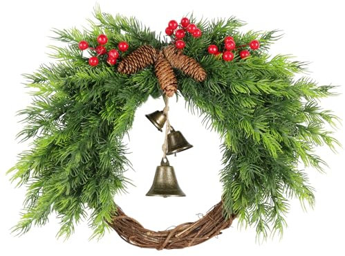 45cm Türkranz Weihnachten Außen, Künstliche Weihnachtskranz mit Glöckchen für Indoor Outdoor Dekoration