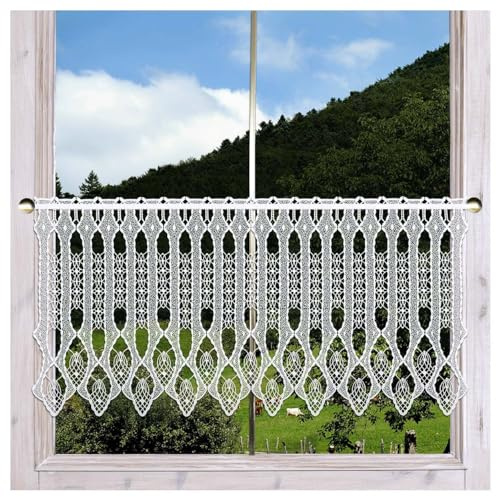 Scheibengardine Ema Moderne Plauener Spitze | Zeitloser Scheibenhänger mit Ornamenten in weiß | Filigrane Stickerei aus dem Vogtland | viele Verschiedene Größen für Ihre Fenster zur Auswahl
