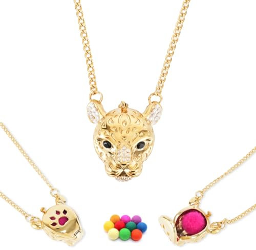 LOMEVERSE Aromatherapy Essential Oil Diffuser Necklace, Animal Shaped Locket Pendant, Fragrance Jewelry for Women (Leopard) (Golden)