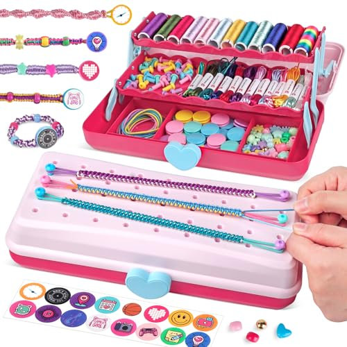 Freundschaftsarmband-Bastelset für Mädchen, Kunst und Handwerk für Kinder, DIY-Schnurarmband-Macher-Bastel, Mädchenspielzeug, Ostergeschenke, Geburtstagsgeschenke für Kinder im Alter (Rosa/Rot)