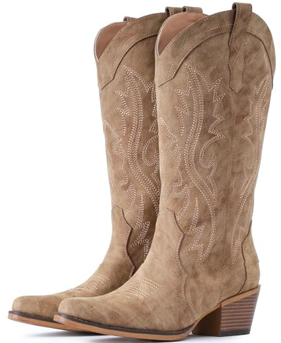 IUV Cowboy Boots For Women Western Cowgirl Boots with Chunky Heel Mid Calf Snip Toe Ideal for low insteps