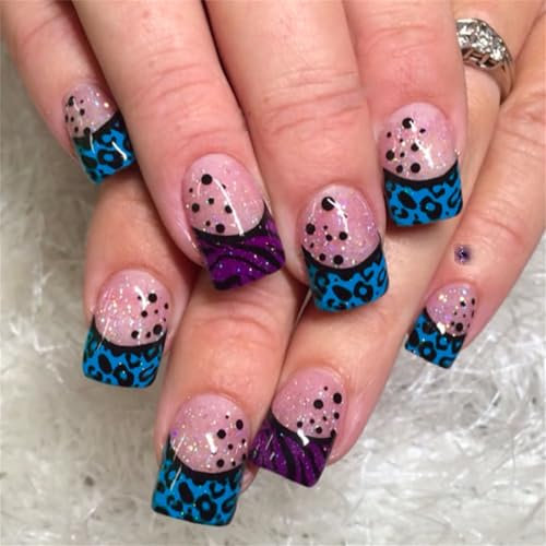 24 Pcs Short Acrylic Nails Leopards Print Full Covers Stick On Nails French Tip Press On Nails Glossy False Nails