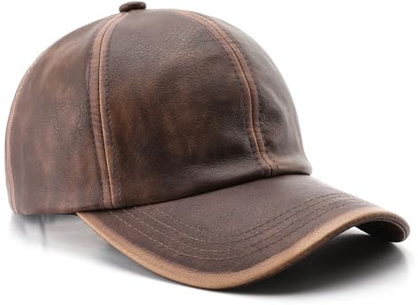 PU Leather Hat Vintage Washed Leather Baseball Cap Unisex Solid Color Classic Low Profile Dad Hat (Brown)