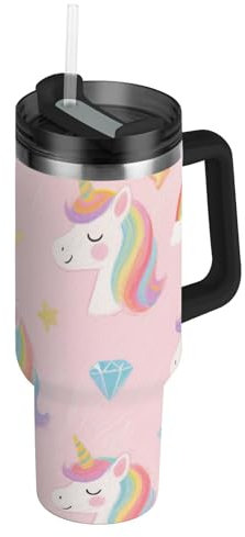 Amooorous Bonito vaso de 40 onzas con diseño de unicornios arcoíris blancos de dibujos animados, boca ancha, con pajilla, resistente a fugas, decorativa, taza de viaje para café caliente, para el