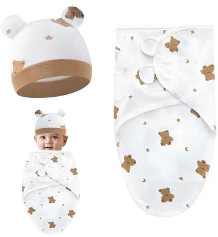 Wickeldecke Baby 73x50cm Wickeldecke 0-6 Monate Schlafsack mit Hut Baumwolle Puckdecke Unisex Braunbär