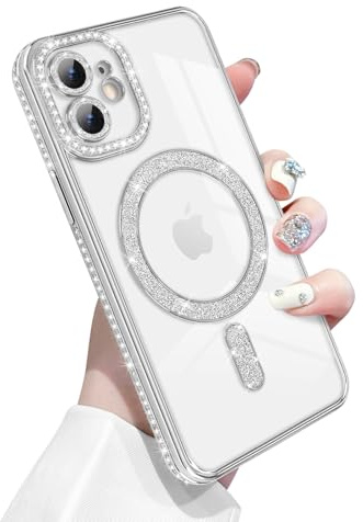 Newseego for iPhone 12 Case Magnetic Glitter Clear, Silver | Compatible with MagSafe, Bling Diamonds, for Girls Women, Soft TPU, Slim Fit, Shockproof Cover, Full Camera Protection