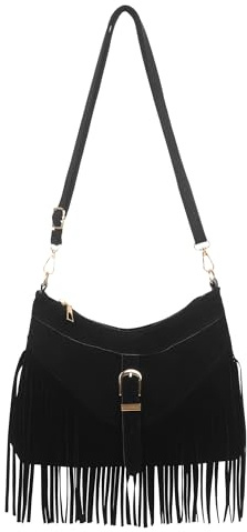 Hobos Shoulder Bags for Women, Black Tassel Handbag Large Capacity, Vintage Fringe Crossbody Bag Western Style with Long Adjustable Strap for Travel Outing Go Shopping