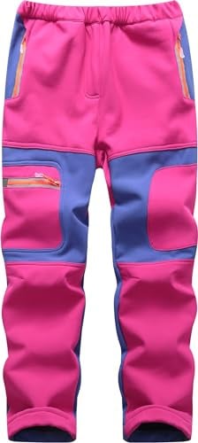 Mnking Pantalon Ski Randonnée Enfant Imperméable Hiver Chaud Doublé Polaire Softshell Thermique Pantalon de Montagne Outdoor Garçons Filles KZ6056-Pink-134-140