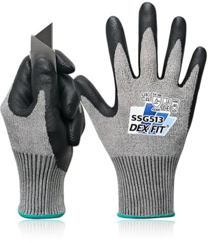 DEX FIT SSG513 Stainless Steel Cut Resistant Gloves, ANSI A5, Durable Non-Slip Nitrile Grip, Touchscreen, Comfort Stretchy Fit, Thin & Breathable, Machine Washable; Grey L (9), 1 Pair