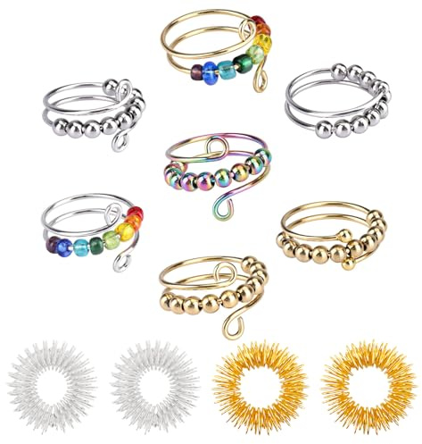 AHEJIOO 11 Stück Anti Stress Ring Set für Damen, Anxiety Ring Gold Silber Bunt & Akupressur Massageringe, Verstellbarer Skills Ring mit Perlen gegen Angst, Fidget Spielzeug Geschenke