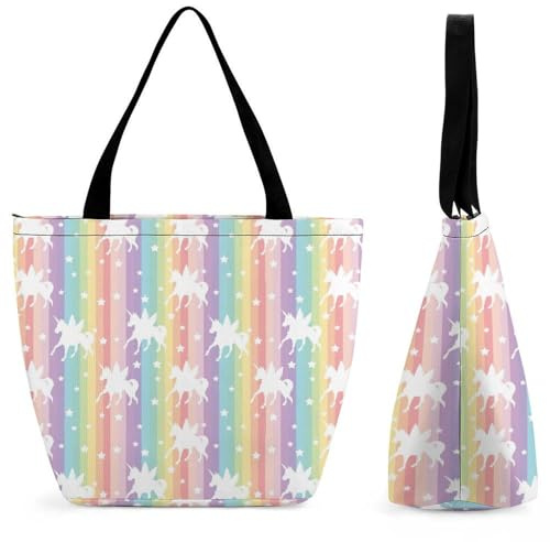 Lyfthologen Tragetasche mit Reißverschluss, Einhorn Muster Regenbogen Strandtasche, Große Umhängetasche für Alltag, Reisen, Einhorn-Muster Regenbogen, 28.5 x 18 x 32.5 cm
